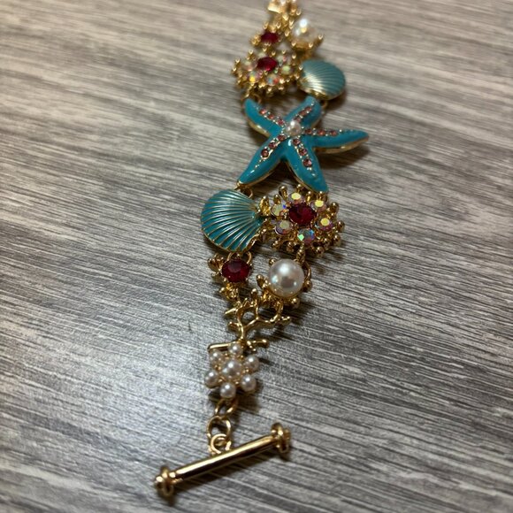 Turquoise Blue Ocean Beach Shell Starfish Seashell Crystal Statement Bracelet - Picture 4 of 6